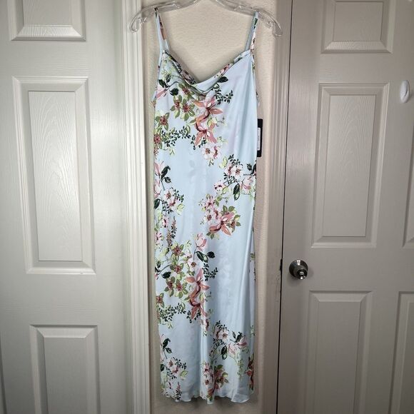 BEBE Women's Baby Blue Floral Satin Cowl Neck Spaghetti Strap Midi Dress S NEW - Picture 1 of 12